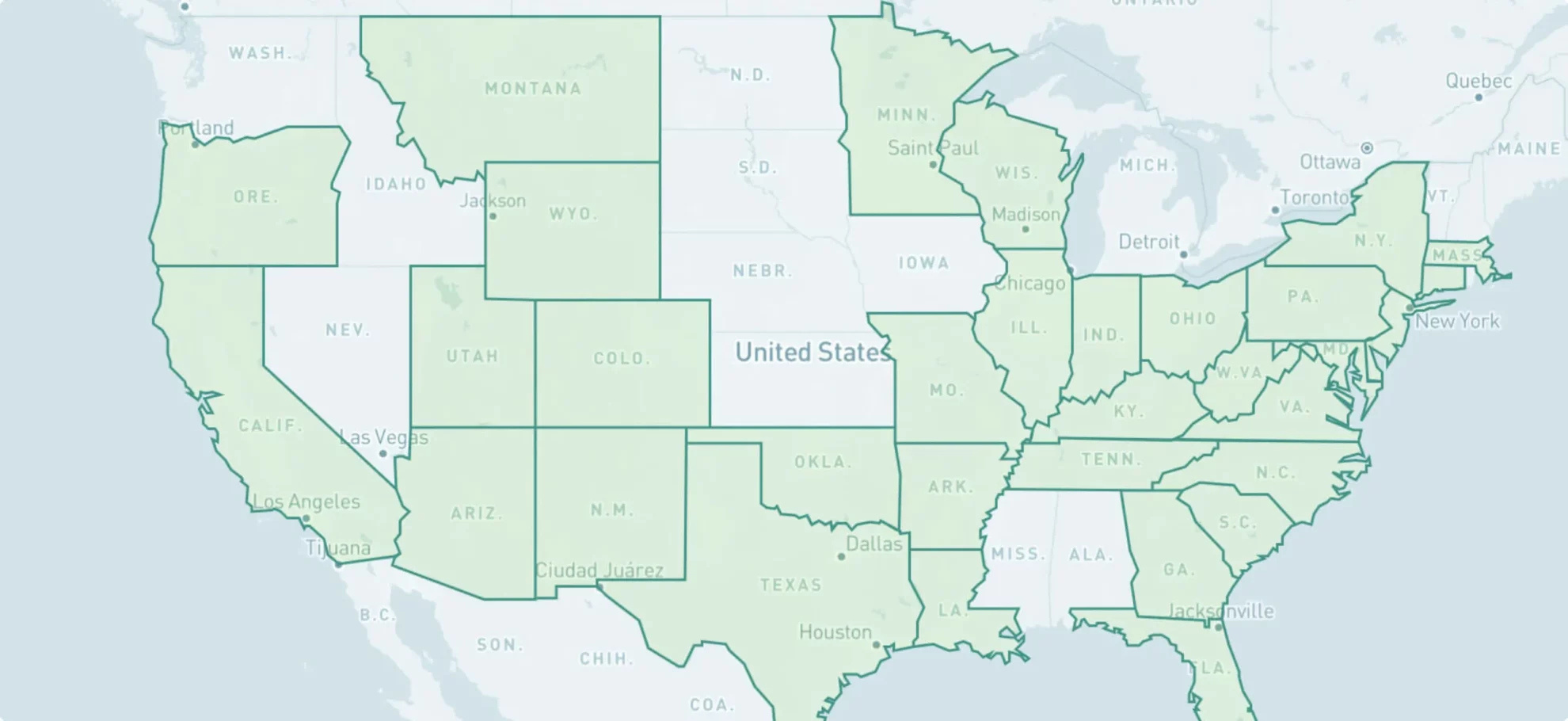 Map highlighting the central United States states.